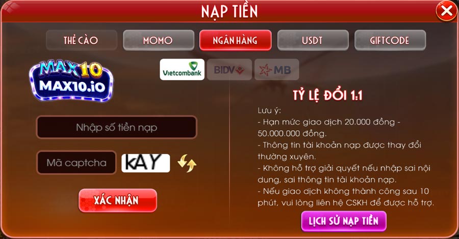 Chuyển khoản thông qua app ngân hàng vào Max10