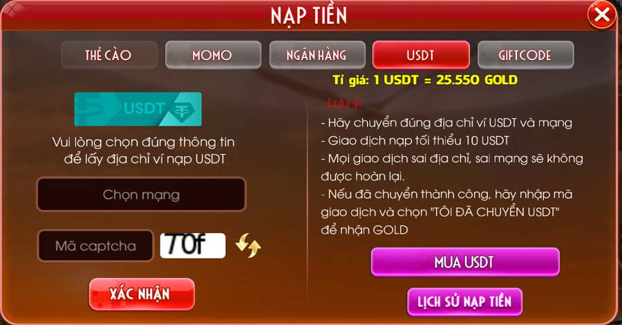 Hướng dẫn cách nạp tiền ảo USDT tại Max10