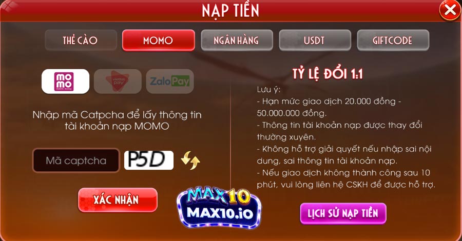 Max10 hỗ trợ nạp tiền bằng ví điện tử