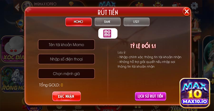 Rút tiền Max10 bằng Momo