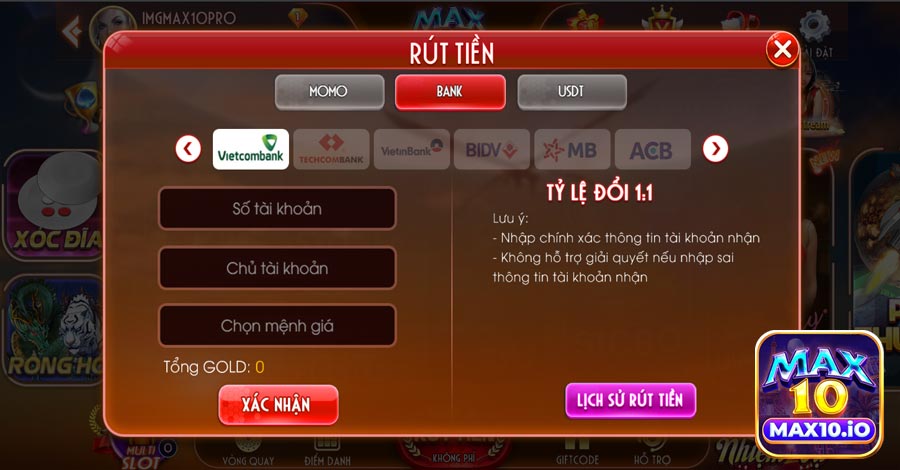 Sử dụng app ngân hàng để rút tiền từ Max10