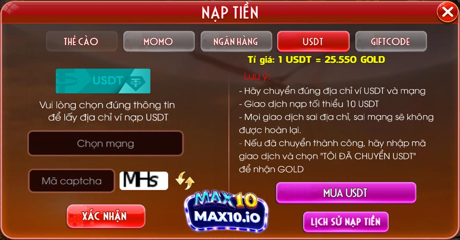 Sử dụng đồng tiền ảo USDT để nạp tiền Max10