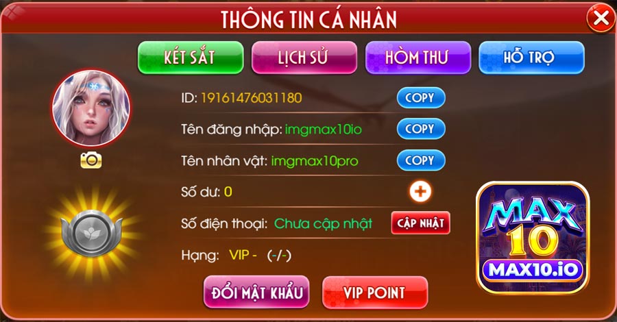 Vào mục thông tin cá nhân để đổi mật khẩu Max10